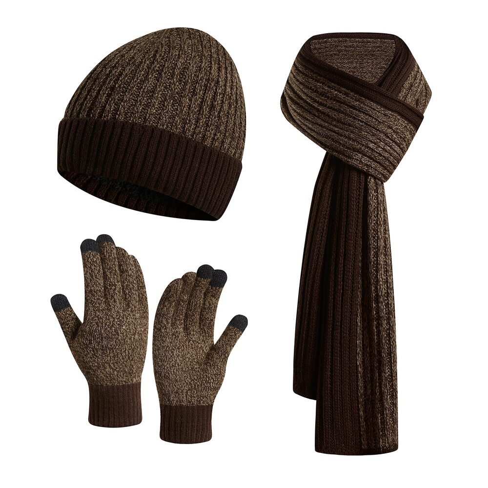 9111 Winter Knitted Beanie Hat Scarf & Touchscreen Gloves 3PCS Set Fleece